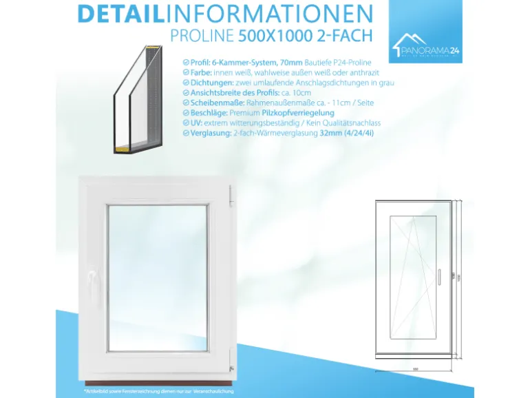 Framelux Kunststofffenster Proline Weiß 2-Fach Verglasung 500 x 1000 mm Rechtsanschlag