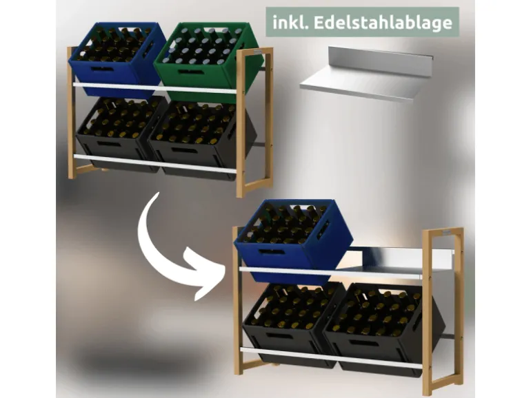 holz4home Getränkekistenregal aus Holz Inklusive Edelstahlablage 4 Kisten Silber