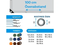 KARAT Abdeckplane Wasserdichte Plane mit Ösen Schutzplane 90 g/m² 1,5 x 6 m Weiß