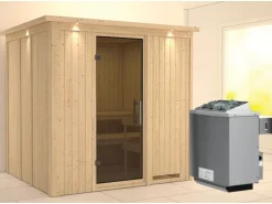 Karibu Sauna Stina inkl. Ofen 9 kW mit integr. Steuerung, Dachkranz, Tür Graphit