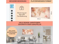 Klarstein Wonderwall Air Art Smart Infrarotheizung 120x60 cm 700 W Wandinstallation App-Steuerung Motiv Weltkarte Weiß