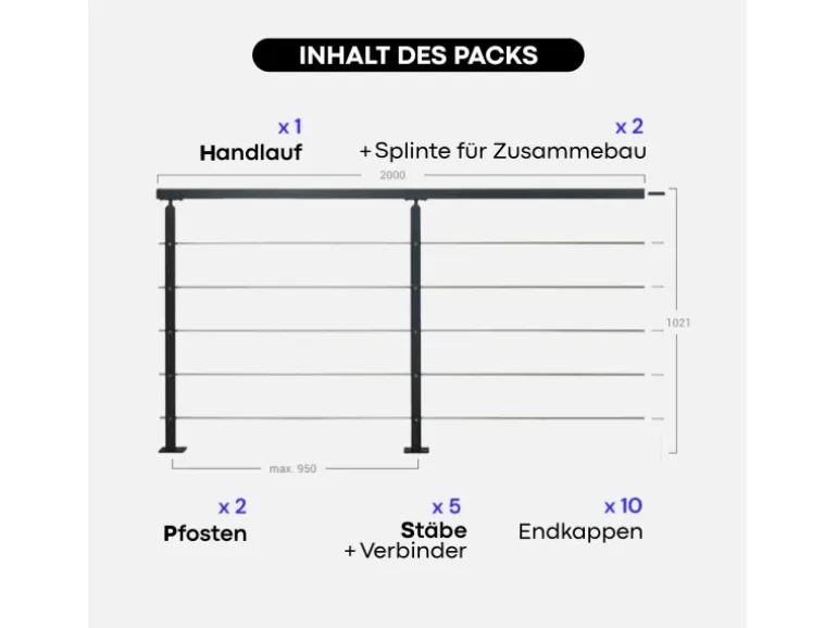 Kordo Geländerset 2m Stahl Schwarzen Metall Handlauf Universo