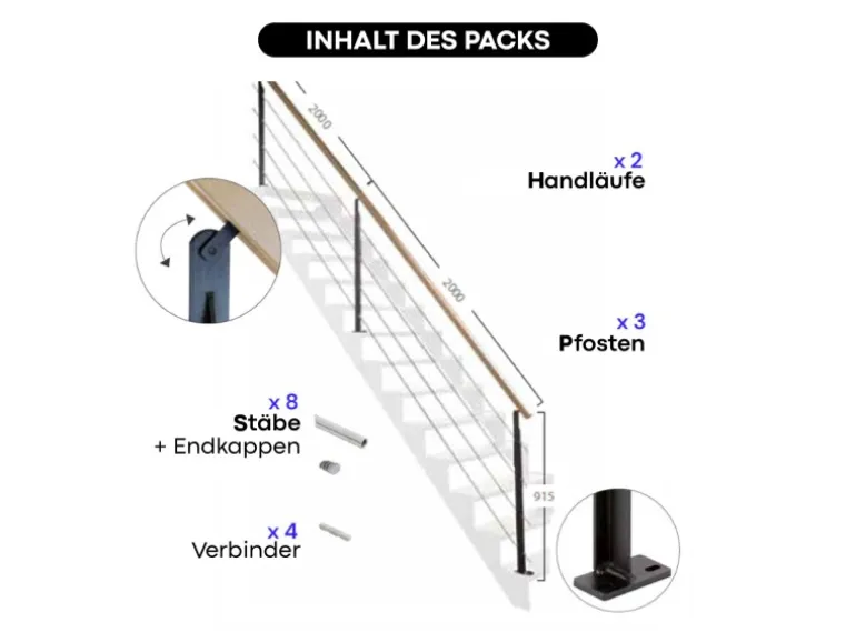 Kordo Treppengeländerset 4m Stahl Schwarz Handlauf Buche Universo