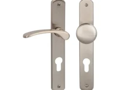 Langschildgarnitur "Amos-LS" Eingangstüren Edelstahlfarbig satiniert DIN Links