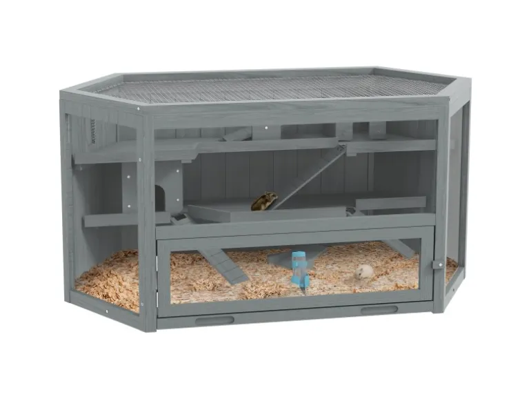 PawHut Hamsterkäfig Tannenholz PS-Plexiglas Grau 115L x 60B x 55H cm