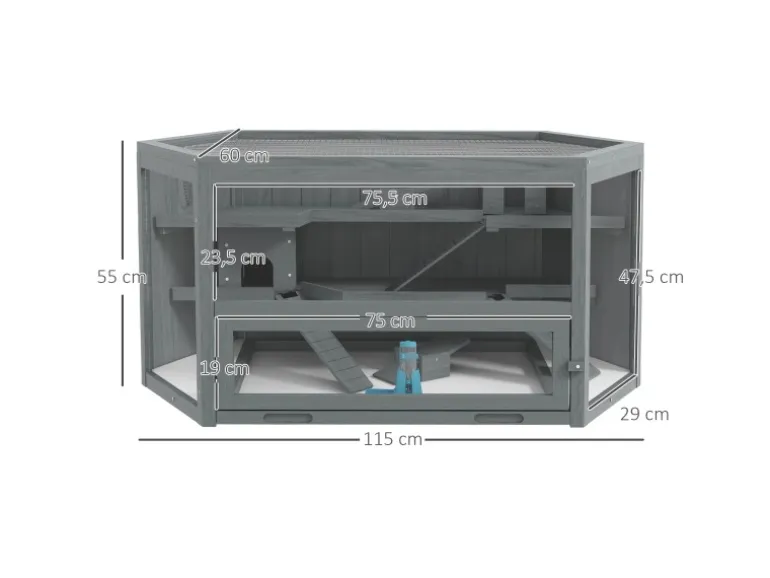 PawHut Hamsterkäfig Tannenholz PS-Plexiglas Grau 115L x 60B x 55H cm