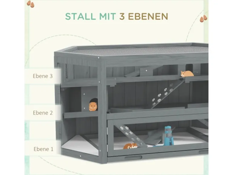PawHut Hamsterkäfig Tannenholz PS-Plexiglas Grau 115L x 60B x 55H cm