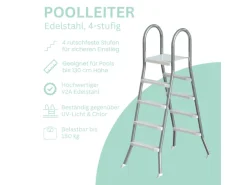 Poolomio Edelstahlleiter mit Handlauf 4-stufig für Pools bis 140 cm
