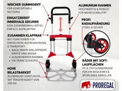 PROREGAL Klappbare Profi-Sackkarre ELEPHANT HxBxT 112 x 60 x 61 cm Traglast 250 kg Ergonomische Griffe TPR-Gummiräder Schwarz-Rot-Silber