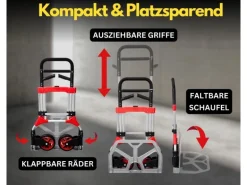 PROREGAL Klappbare Profi-Sackkarre ELEPHANT HxBxT 112 x 60 x 61 cm Traglast 250 kg Ergonomische Griffe TPR-Gummiräder Schwarz-Rot-Silber