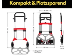 PROREGAL Klappbare Profi-Sackkarre ELEPHANT HxBxT 112 x 60 x 61 cm Traglast 250 kg Ergonomische Griffe TPR-Gummiräder Schwarz-Rot-Silber