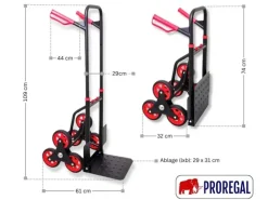 PROREGAL Klappbarer Profi-Treppensteiger TAURUS 150 HxBxT 110 x 45 x 61 cm Traglast 150 kg Stahlrahmen Ergonomische Griffe TPR-Gummiräder Rot-Schwarz