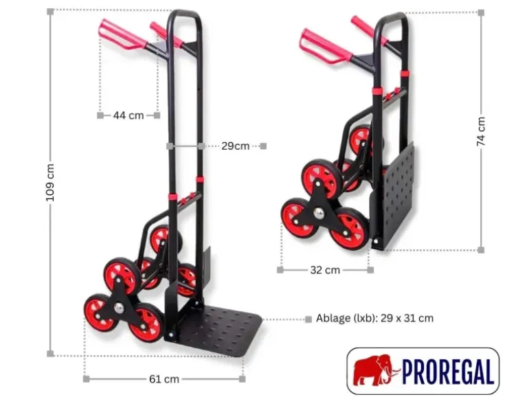 PROREGAL Klappbarer Profi-Treppensteiger TAURUS 150 HxBxT 110 x 45 x 61 cm Traglast 150 kg Stahlrahmen Ergonomische Griffe TPR-Gummiräder Rot-Schwarz