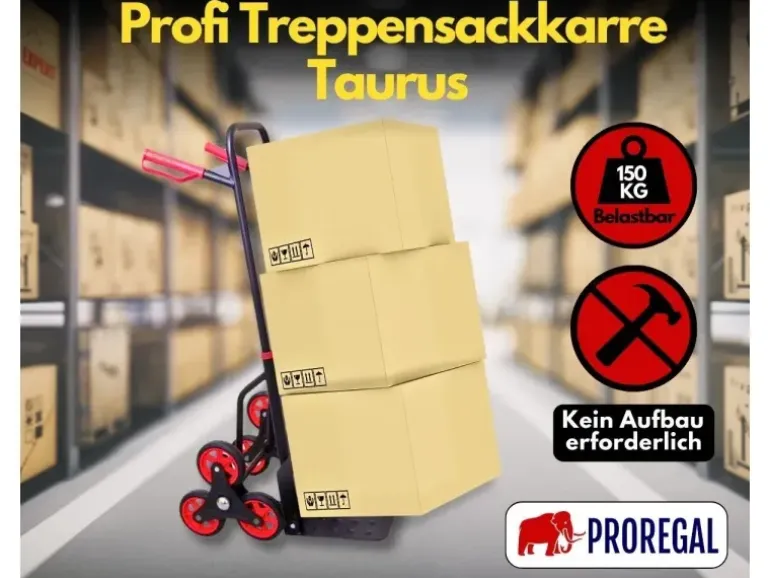 PROREGAL Klappbarer Profi-Treppensteiger TAURUS 150 HxBxT 110 x 45 x 61 cm Traglast 150 kg Stahlrahmen Ergonomische Griffe TPR-Gummiräder Rot-Schwarz
