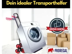 PROREGAL Klappbarer Profi-Treppensteiger TAURUS 150 HxBxT 110 x 45 x 61 cm Traglast 150 kg Stahlrahmen Ergonomische Griffe TPR-Gummiräder Rot-Schwarz