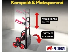 PROREGAL Klappbarer Profi-Treppensteiger TAURUS 150 HxBxT 110 x 45 x 61 cm Traglast 150 kg Stahlrahmen Ergonomische Griffe TPR-Gummiräder Rot-Schwarz