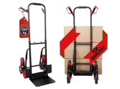 PROREGAL Klappbarer Profi-Treppensteiger TAURUS 250 HxBxT 115 x 52 x 63 cm Traglast 250 kg Stahlrahmen Ergonomische Griffe TPR-Gummiräder Rot-Schwarz