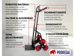 PROREGAL Klappbarer Profi-Treppensteiger TAURUS 250 HxBxT 115 x 52 x 63 cm Traglast 250 kg Stahlrahmen Ergonomische Griffe TPR-Gummiräder Rot-Schwarz