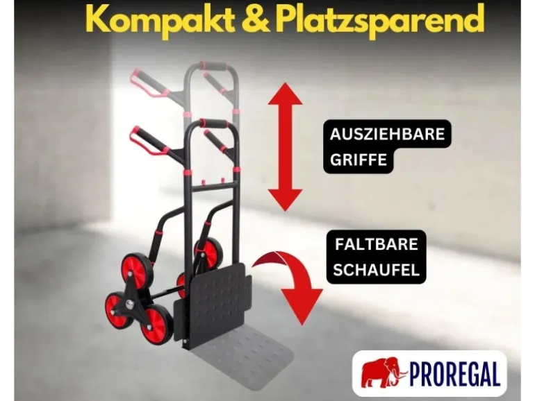 PROREGAL Klappbarer Profi-Treppensteiger TAURUS 250 HxBxT 115 x 52 x 63 cm Traglast 250 kg Stahlrahmen Ergonomische Griffe TPR-Gummiräder Rot-Schwarz