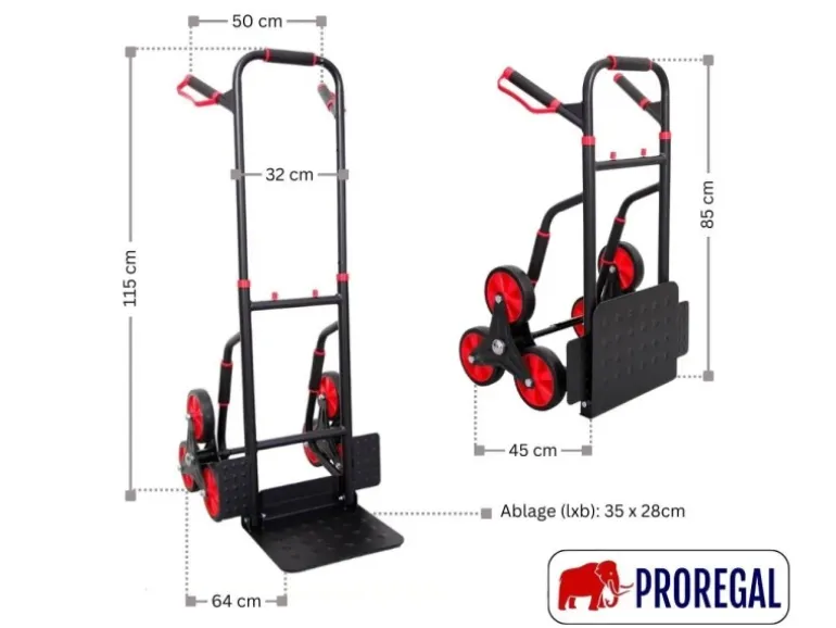 PROREGAL Klappbarer Profi-Treppensteiger TAURUS 250 HxBxT 115 x 52 x 63 cm Traglast 250 kg Stahlrahmen Ergonomische Griffe TPR-Gummiräder Rot-Schwarz