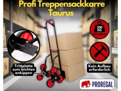 PROREGAL Klappbarer Profi-Treppensteiger TAURUS 250 HxBxT 115 x 52 x 63 cm Traglast 250 kg Stahlrahmen Ergonomische Griffe TPR-Gummiräder Rot-Schwarz