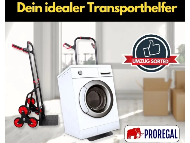 PROREGAL Klappbarer Profi-Treppensteiger TAURUS 250 HxBxT 115 x 52 x 63 cm Traglast 250 kg Stahlrahmen Ergonomische Griffe TPR-Gummiräder Rot-Schwarz