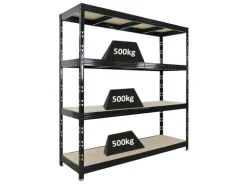 PROREGAL Profi Schwerlastregal Rhino HxBxT 200x200x60cm 4 Spanplatten-Ebenen 8mm Fachlast 500kg Schwarz Stecksystem Lagerregal Steckregal