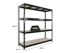 PROREGAL Profi Schwerlastregal Rhino HxBxT 200x200x60cm 4 Spanplatten-Ebenen 8mm Fachlast 500kg Schwarz Stecksystem Lagerregal Steckregal