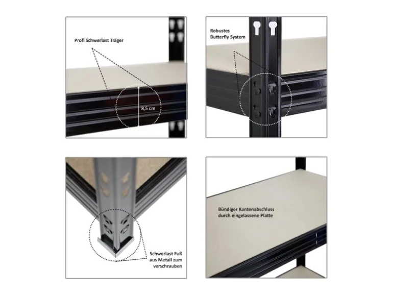 PROREGAL Profi Schwerlastregal Rhino HxBxT 200x200x60cm 4 Spanplatten-Ebenen 8mm Fachlast 500kg Schwarz Stecksystem Lagerregal Steckregal