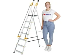 PROREGAL Stufenstehleiter mit Werkzeugablage & Handlauf Economy Basic Einseitig Begehbar 7 Stufen Arbeitshöhe 3,40 m Traglast 150 kg