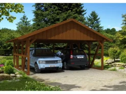 Skan Holz Carport Schwarzwald m. Dachschalung u. Rückwand 684 x 600 cm Nuss