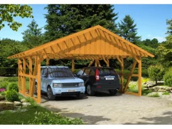 Skan Holz Carport Schwarzwald m. Dachlattung u. Rückwand 684 x 600 cm Eiche