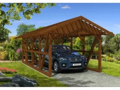 Skan Holz Carport Schwarzwald m. Dachlattung u. Abstellr. 424 x 772 cm Nuss