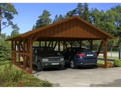 Skan Holz Carport Schwarzwald m. Dachschalung u. Abstellr. B 684 x 772 cm Nuss