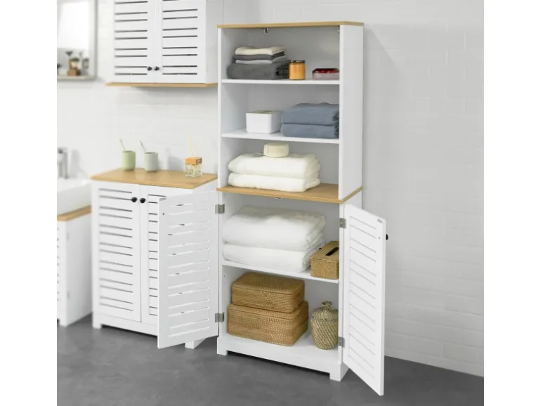 SoBuy Badezimmerschrank mit 3 Fächern und 2 Türen MDF Weiß BZR44-W