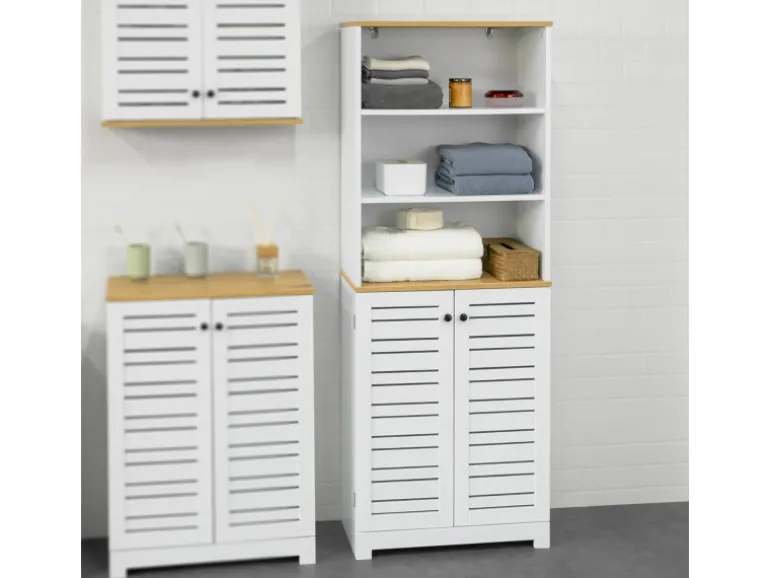 SoBuy Badezimmerschrank mit 3 Fächern und 2 Türen MDF Weiß BZR44-W