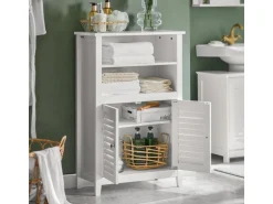 SoBuy Badschrank Sideboard mit 2 Ablagen und Lamellentüren 60x90x26cm Weiß BZR13-W