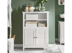 SoBuy Badschrank Sideboard mit 2 Ablagen und Lamellentüren 60x90x26cm Weiß BZR13-W