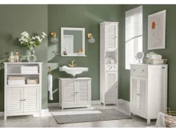 SoBuy Badschrank Sideboard mit 2 Ablagen und Lamellentüren 60x90x26cm Weiß BZR13-W