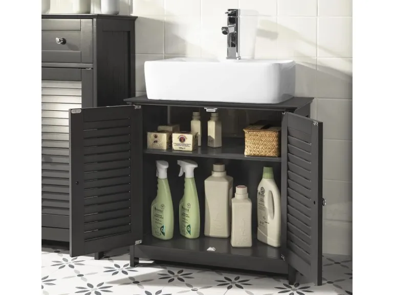 SoBuy Waschbeckenunterschrank Badschrank mit 2 Lamellentüren MDF 60x58x35cm Grau FRG237-DG