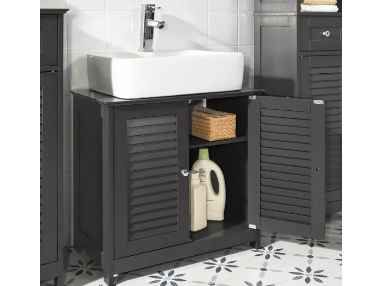 SoBuy Waschbeckenunterschrank Badschrank mit 2 Lamellentüren MDF 60x58x35cm Grau FRG237-DG