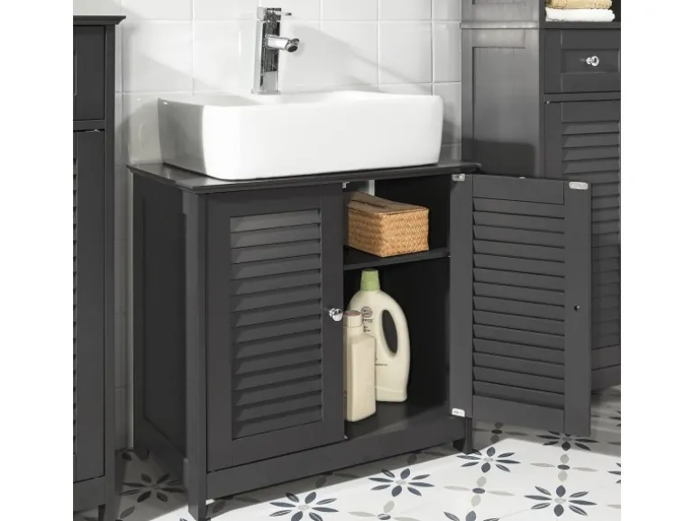SoBuy Waschbeckenunterschrank Badschrank mit 2 Lamellentüren MDF 60x58x35cm Grau FRG237-DG