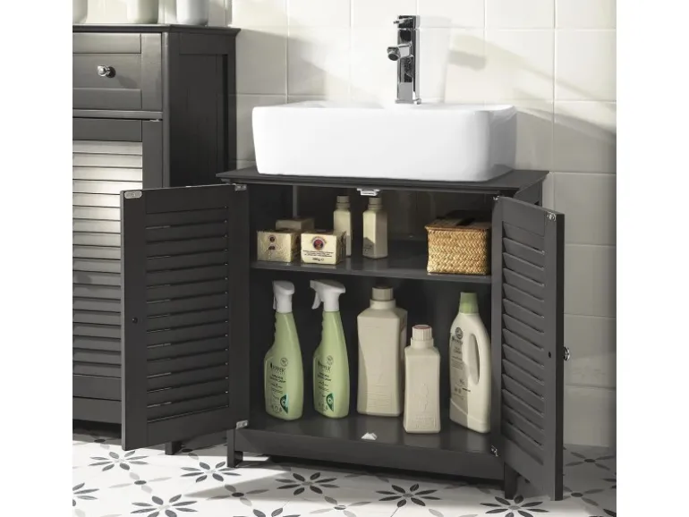 SoBuy Waschbeckenunterschrank Badschrank mit 2 Lamellentüren MDF 60x58x35cm Grau FRG237-DG