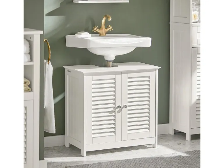 SoBuy Waschbeckenunterschrank Badschrank mit 2 Lamellentüren MDF 60x58x35cm Weiß FRG237-W