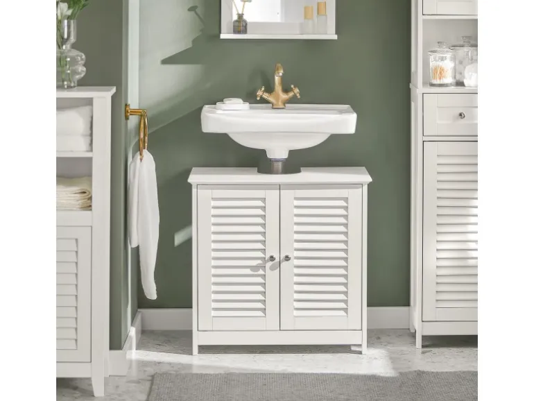 SoBuy Waschbeckenunterschrank Badschrank mit 2 Lamellentüren MDF 60x58x35cm Weiß FRG237-W