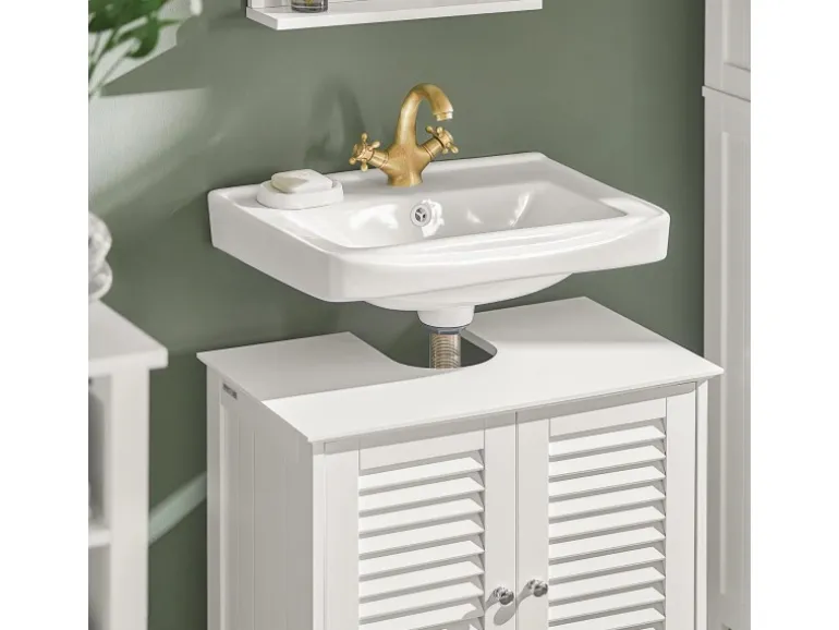 SoBuy Waschbeckenunterschrank Badschrank mit 2 Lamellentüren MDF 60x58x35cm Weiß FRG237-W