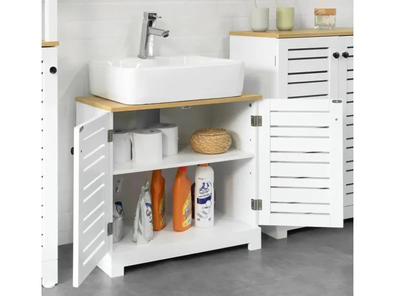 SoBuy Waschbeckenunterschrank mit Lamellentüren MDF Weiß 60 cm BZR40-W