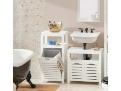 SoBuy Wäscheschrank mit ausklappbarem Wäschesacken MDF Weiß BZR67-W