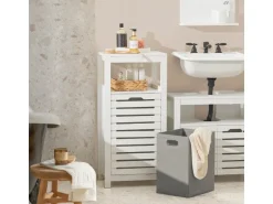 SoBuy Wäscheschrank mit ausklappbarem Wäschesacken MDF Weiß BZR67-W