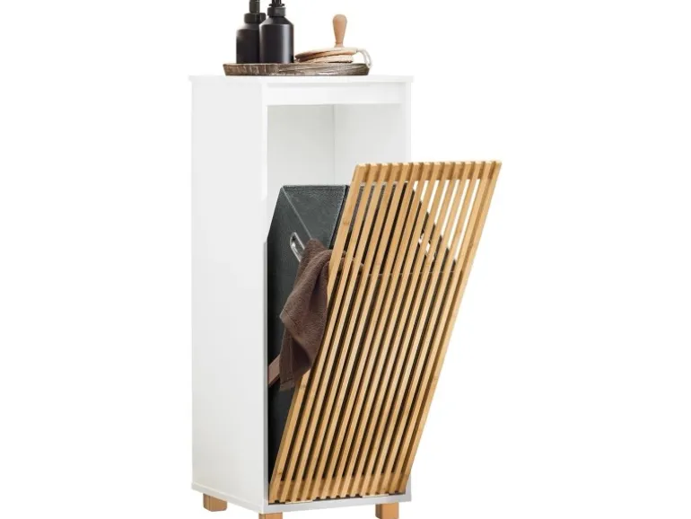 SoBuy Wäscheschrank mit Wäschesack Wäschekorb Badezimmerschrank BZR126-W